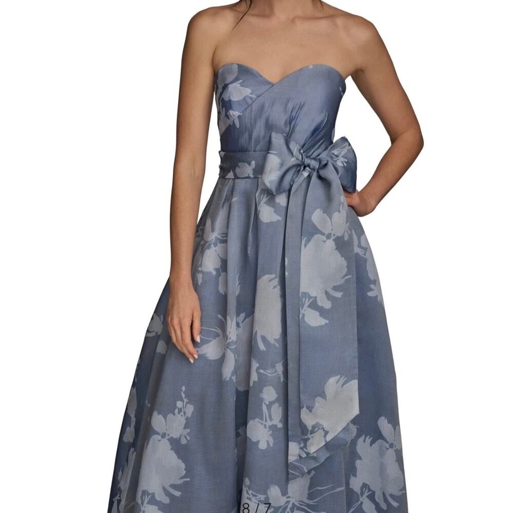 Donna Karan New York Women's Blue Floral Print Ball Strapless Gown Dress Size 6
